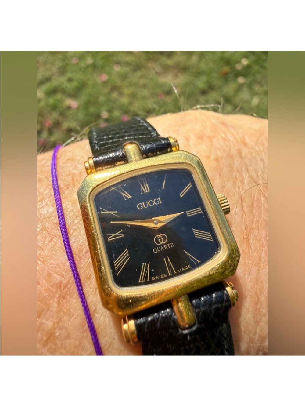 Gucci Vintage Black and Gold Petite Swiss Made Quartz Square Stack Tank Watch